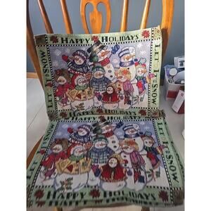 Lot of 4 Vtg Happy Holidays Christmas Snowman Snow People Tapestry Placemats